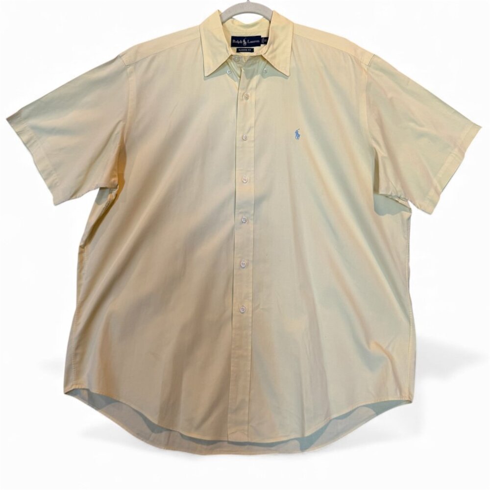 Ralph Lauren Classic Fit Short Sleeve Button Down XL Butter Yellow Blue Pony